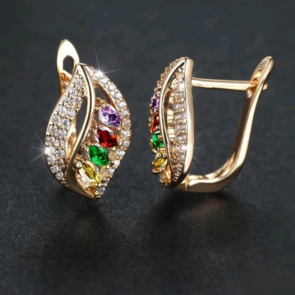 Glamorous 14k Cubic Zirconia Multicolored Leaf Statement Earrings for Women